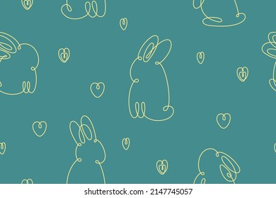 Bunny continuous line seamless pattern. Hand drawn cute rabbit.  Vector illustration. 