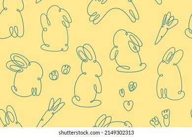 Bunny continuous line seamless pattern. Water rabbit symbol of the year. Hand drawn cute illustration. Vector