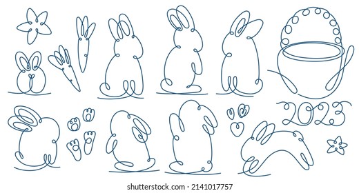 Bunny continuous line set. Water rabbit symbol of the year. Hand drawn cute illustration on a white background. Vector
