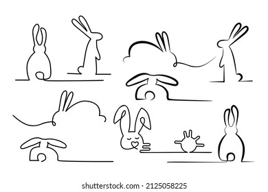 Bunny continuous one line set hand drawn. Spring. Easter minimalist  line art style element with rabbit. Contour sketch vector illustration.