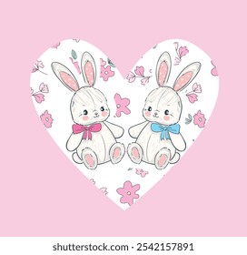 Bunny couple hand drawn cute illustration vector Valentine’s Day card