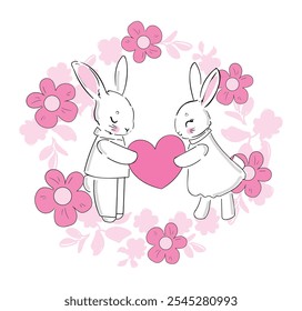 Coelhinho casal mão desenhado bonito ilustração vetor Valentines Dia