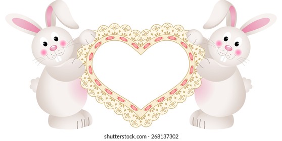 Bunny couple holding embroidered heart 