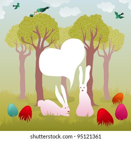 bunny couple in love in a garden full of colorful easter eggs