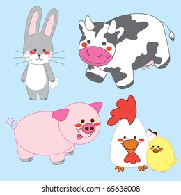 Bunny, Cow, Pig, Chicken and Chick. All living happy in the farm.