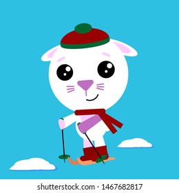 Bunny in cozzy hat and scarf skiing. Winter activities sport. Christmas rabbit, cartoon vector illustration. Cute kawaii funny character.