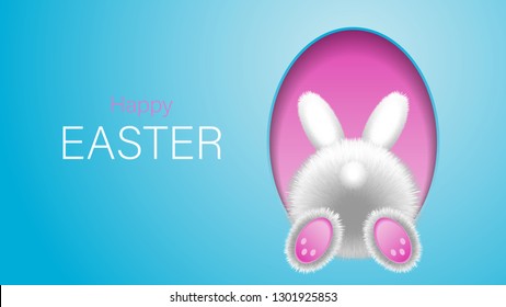 A bunny crawls into the hole.Easter greeting card vector illustration