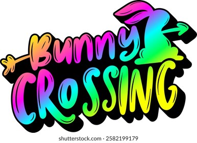 bunny crossing happy easter rainbow colorful bright vibrant vector graphic design and cut file