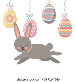 bunny and cute easter eggs hanging over white background. colorful design. vector illustration