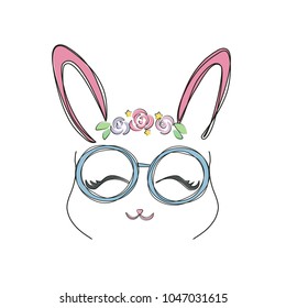 Bunny cute face wearing glasses vector. Hand drawn style.