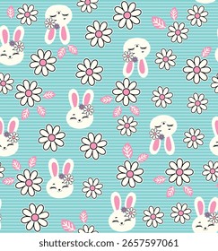 Hase niedlich Muster Blumen Frühling