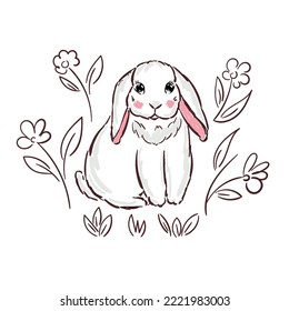 Bunny cute print on white spring flowers. Sweet baby rabbit girl shower card. Hare fashion child vector. Cool and lovely rabbit illustration for nursery t-shirt, kids apparel, invitation, simple child