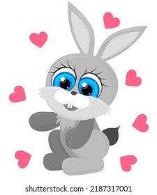 Bunny cute print. Cute rabbit illustration for baby t-shirt, baby clothes, invitation, baby design. Vector illustration of cartoon happy rabbit and hearts isolated on white background