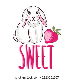 Bunny cute print with strawberry. Lettering Sweet, baby shower card. Rabbit illustration for nursery t-shirt, kids apparel, invitation, simple child design