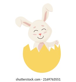 Bunny. Cute Rabbit Waves into Broken Egg.