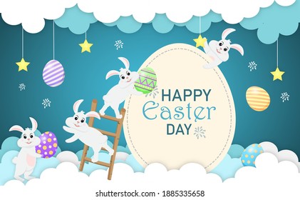 The bunny are decorate Easter day.Happy Easter postcard of vector paper cut.