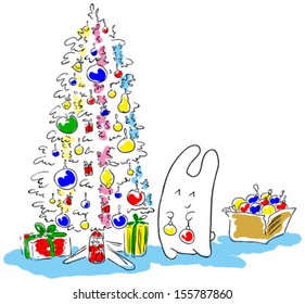 	Bunny decorating Christmas tree