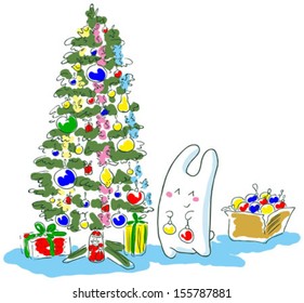 	Bunny decorating Christmas tree