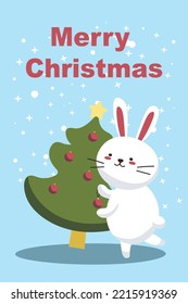 Bunny decorando el árbol de navidad aislado. Feliz Navidad y Feliz Año Nuevo. Carácter invernal con decoraciones. Cute navidad ilustración vectorial estacional en estilo de dibujos animados. EPS