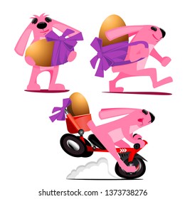 Bunny delivers Easter eggs.It is hand-panted flat style in color vector.Bunny keeps an egg.Bunny carries an egg behaind his back,the next bunny is riding a bicycle with the egg in the basket.