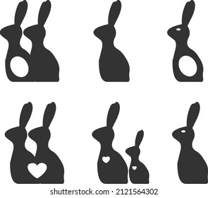 Bunny design set. Illustration for postcard, poster, sticker, pattern. Easter bunny, bunny, heart, egg. Cute animal silhouette, vector design element.