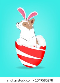 Bunny dog sitting in red-white Easter egg isolated on background with shadow vector illustration.