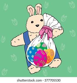 bunny doll with  bag of decorated Easter eggs, vector illustration