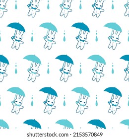 Bunny Dolls and Blue Umbrellas Vector Graphic Seamless Pattern can be use for background and apparel design