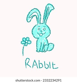 Bunny drawings with crayon. Kids doodle drawing, children crayon drawing and hand drawn, pastel pencil doodle vector illustration