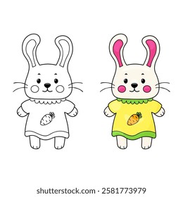 Bunny in a dress coloring page color book for kids with colored example. more detail, line art design. 