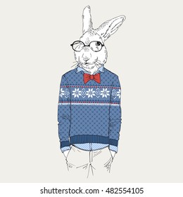 bunny dressed up in jacquard pullover, anthropomorphic illustration, fashion animals
