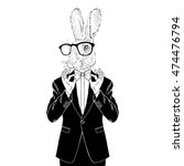 bunny dressed up in tuxedo adjusting his tie bow, anthropomorphic illustration, fashion animals
