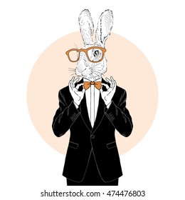 bunny dressed up in tuxedo adjusting his tie bow, anthropomorphic illustration, fashion animals