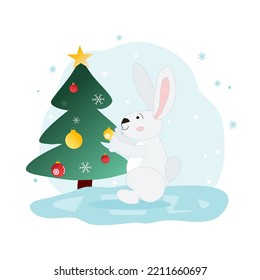 Bunny dresses up Christmas tree. Vector illustration on white background. Design element for christmas cards and calendar