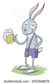 Bunny Drinking Beer. Comic Character. Vector illustration