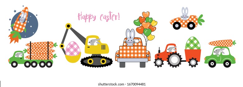 
Bunny driver and different vehicles. ( Carrot,  Excavator, Truck, Car, Logging Truck and Rocket ). Easter Transport Collection. Isolated objects on a white background. 
