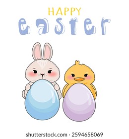 Bunny and duck holding Easter eggs with Happy Easter” text in pastel cartoon style