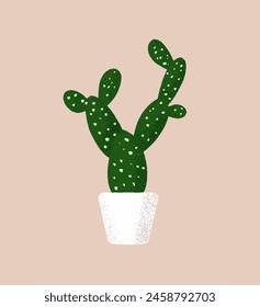 Bunny ears cactus growing in flowerpot. Prickly pear cacti in flower pot. Houseplant, house plant with needles. Spiny succulent. Desert flora for interior decoration. Flat isolated vector illustration