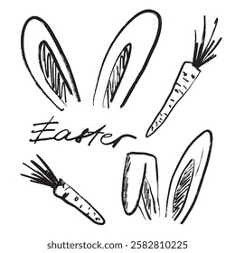 Bunny ears and carrot drawing in black brush stroke texture isolated on white background. Hand drawn vector sketch illustration in vintage charcoal ink. Easter greeting card design