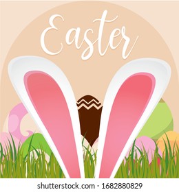 Bunny ears and decorated easter eggs in a happy easter card - Vector illustration