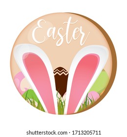 Bunny ears and decorated easter eggs in a happy easter button - Vector illustration