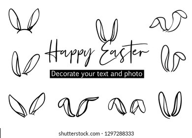 Bunny ears easter decoration isolated elements. Text emphasis doodle decorative sketch. Graphic in line art style. Hand drawn illustration set. Black brush  funny icon on white background. 