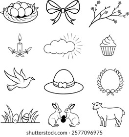 Bunny ears easter decoration isolated elements. Text emphasis doodle decorative sketch. Graphic in line art style on white.