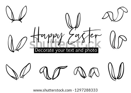 Bunny ears easter decoration isolated elements. Text emphasis doodle decorative sketch. Graphic in line art style. Hand drawn illustration set. Black brush  funny icon on white background. 