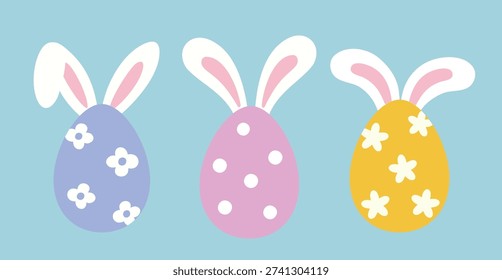 Bunny ears Easter egg cartoon vector collection.
Easter egg with bunny ears flat vector icon.
Cute patterned Easter eggs with bunny ears illustration set.
