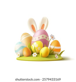 Bunny ears, Easter eggs, grass, daisies, 3D. Beautiful bright image for advertising concepts of Easter celebration. Scene on white background. Vector