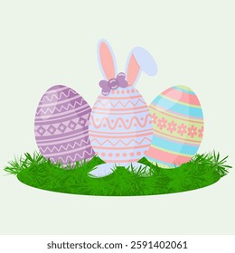 Bunny ears Easter eggs on green grass. Happy Easter spring holiday background, greeting card, invitation design element, vector illustration.