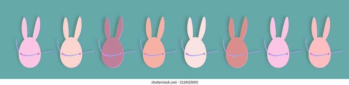 Bunny ears for Easter party, set collection of colorful egg tags, stickers Easter day celebration vector illustration isolated on green background 