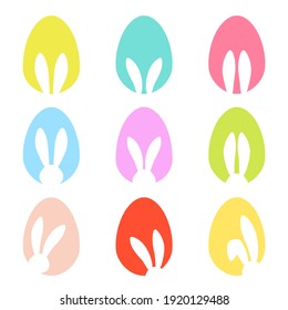 Bunny ears and Easters eggs shapes silhouette - traditional symbol of holiday, big colorful set. Happy Easter design elements. Simple vector illustration for poster, card or banner. Icons collection