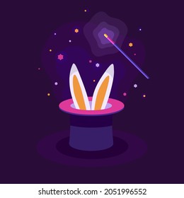 Bunny ears emerge from a magic top hat magic wand. Tricks with bunny ears in a hat. The magic cylinder. Circus trick with bunny ears from a top hat. Hat bunny ears icon.